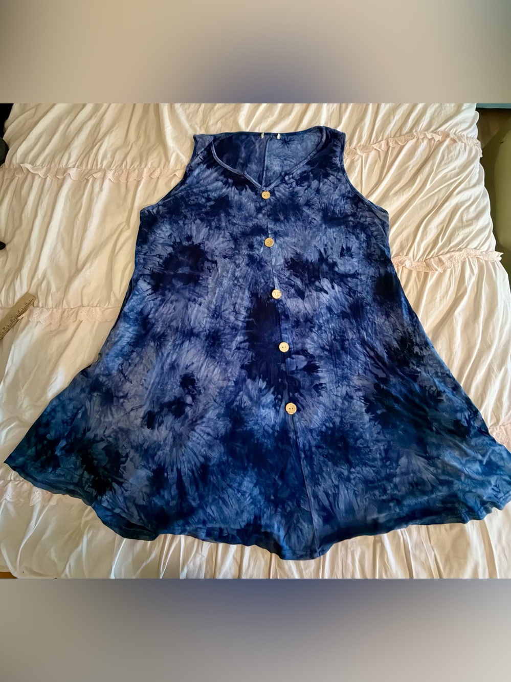 Blue Tie-Dye Sleeveless Coconut Button Front Women’s dress